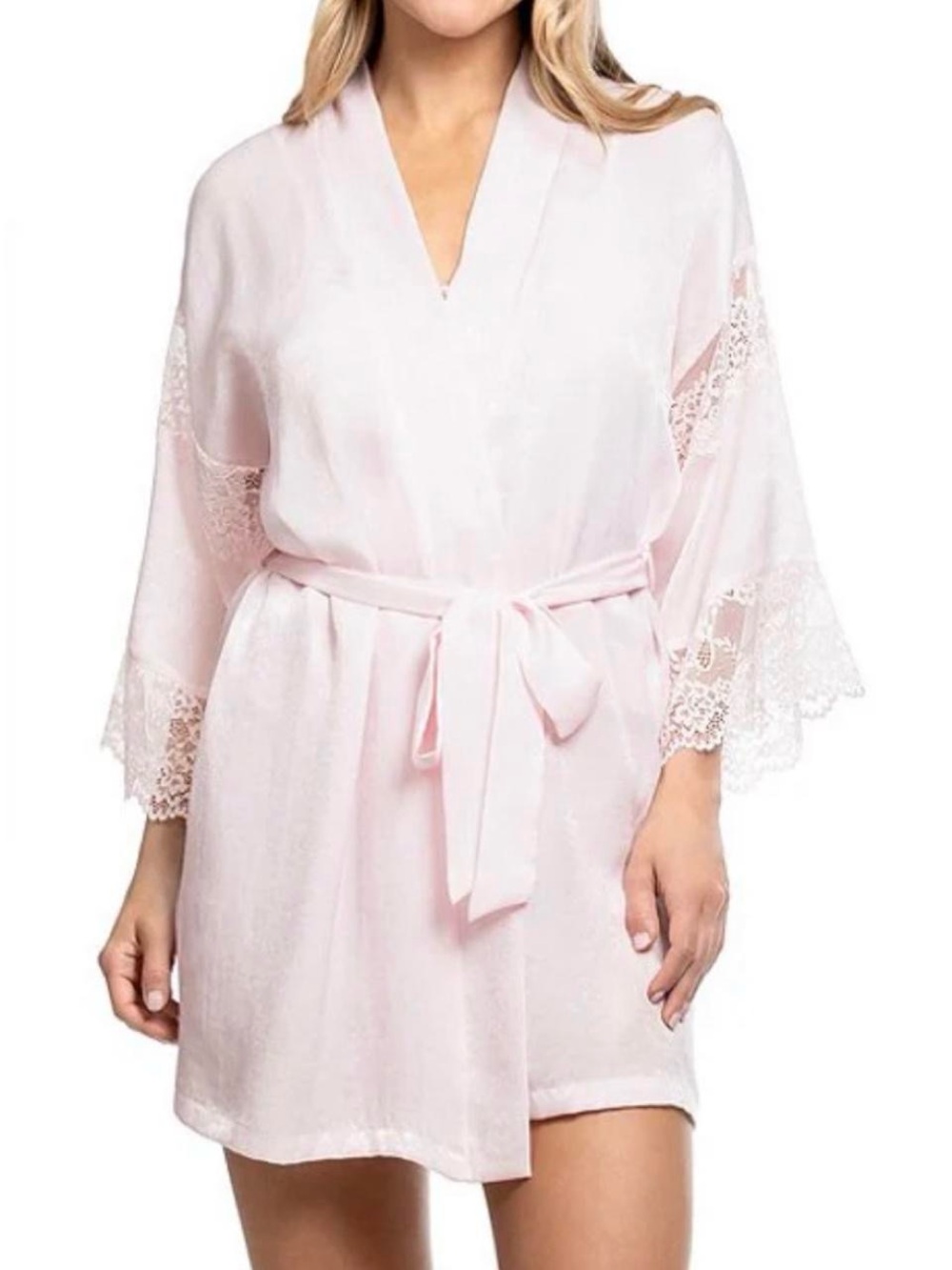 In Bloom  By Jonquil Light Pink Lace-Trim Satin Robe with Belt